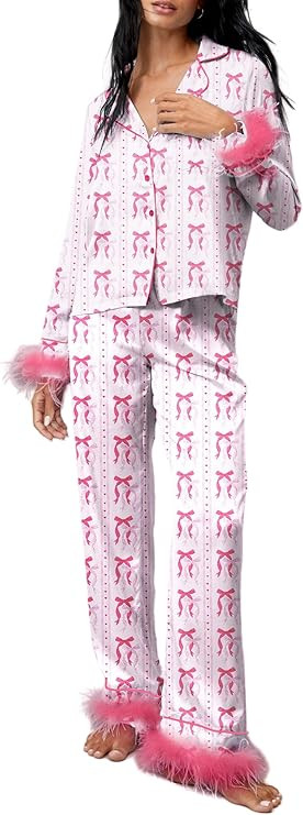 Faretumiya Women Valentine Day Pajamas Heart Bow Print Silk Pjs Feather Trim Long Sleeve Shirt Pj... | Amazon (US)