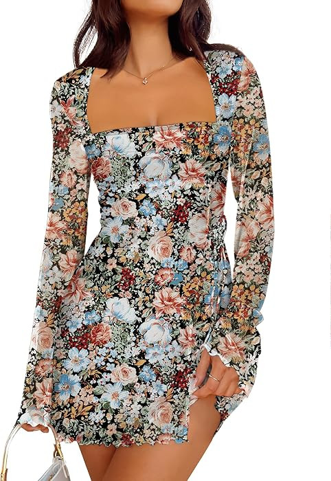 Caracilia Womens Fall Sexy Mesh Long Sleeve Mini Dress | Amazon (US)