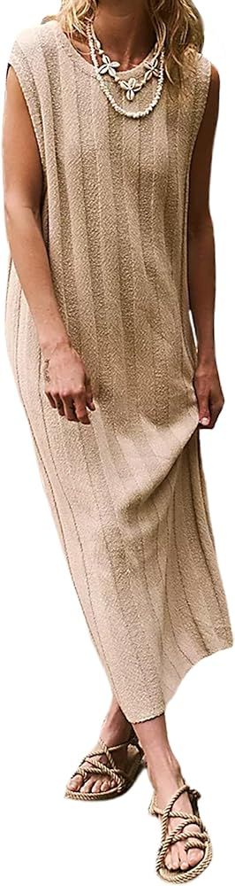 Women Sleeveless Sweater Midi Dress Scoop Neck Loose Fit Knitted Dress Solid Casual Tank Top Midi... | Amazon (US)