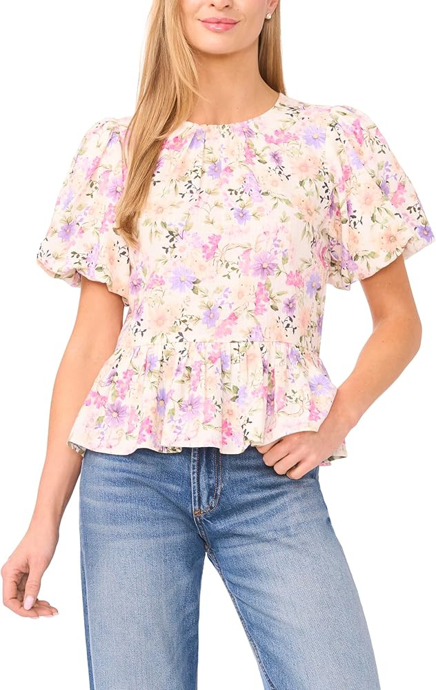CeCe Women's Floral Puff Sleeve Crew Neck Peplum Top | Amazon (US)