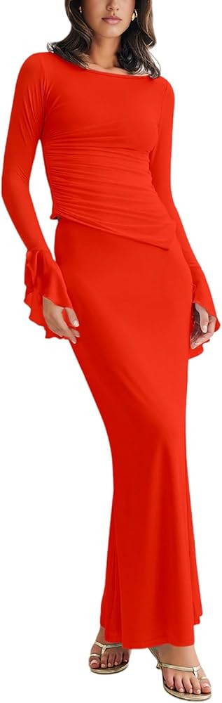 Lrady Womens 2 Piece Sets Long Sleeve Crewneck Cropped Top Slim High Waist Party Maxi Pencil Skir... | Amazon (US)
