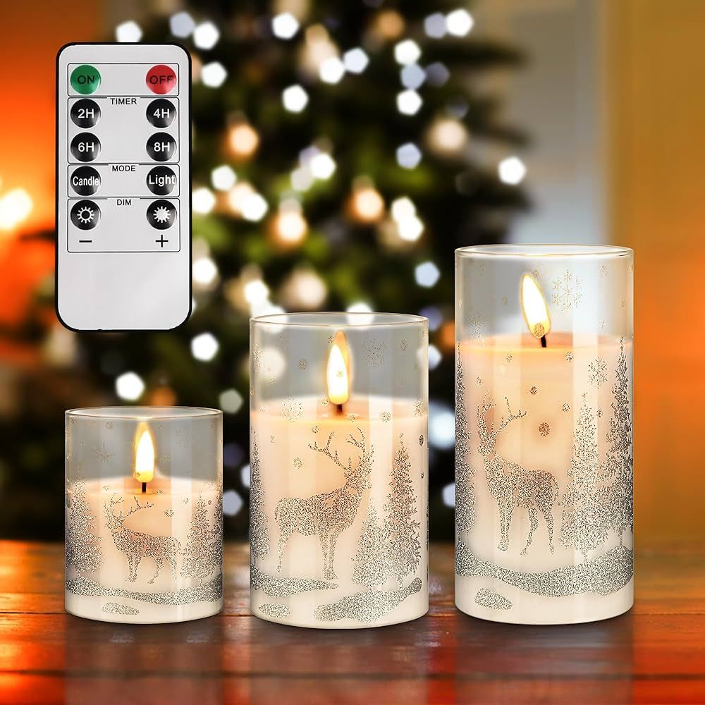 Christmas LED Glass Flameless Candles with Remote and Timer, Real Wax Battery Operated Candles Wa... | Amazon (US)