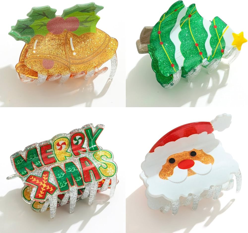 Four Pice Hair Clips For Women With Christmas Tree Claw Clips Xmas Hair Clips Santa Claus Hair Cl... | Amazon (US)