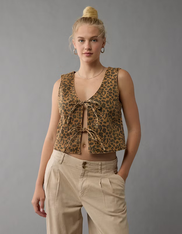 AE Tie Front Leopard Vest | American Eagle Outfitters (US & CA)