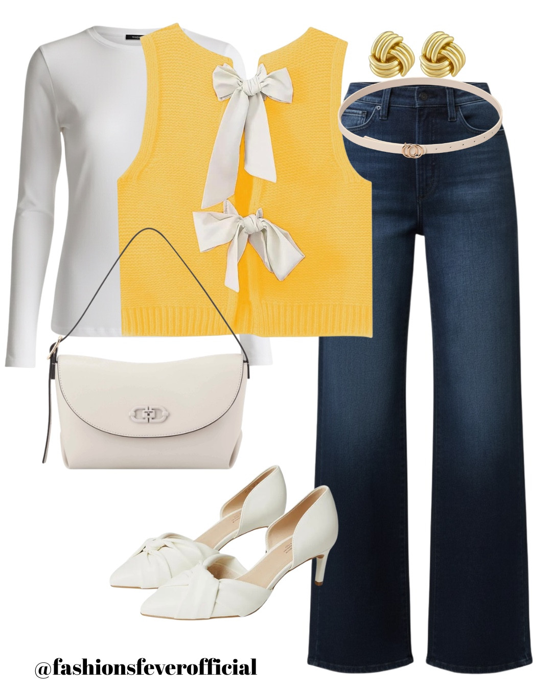 Spring Layers & Butter Yellow 
Can we talk about the butter yellow trend? 🧈✨ I am officially obsessed! This bow-front sweater vest is the ultimate transition piece for Spring. It adds the perfect pop of color over a crisp white long-sleeve tee, making it ideal for those "not quite warm, not quite cold" days.
I’ve paired it with these high-waisted dark wash denim wide-leg jeans to keep the look polished and elongated. The contrast between the deep indigo and the creamy accessories (these knotted heels are a dream!) makes the whole outfit feel so expensive.
Perfect for brunch, a casual Friday at the office, or strolling through cherry blossoms!
You can wear the bows in the front or the back. 

The Flatlay represent the original outfits and AI images are used for the outfit inspiration.
#LTKFashion #LTKStyletip

#LTKootd #LTKSeasonal