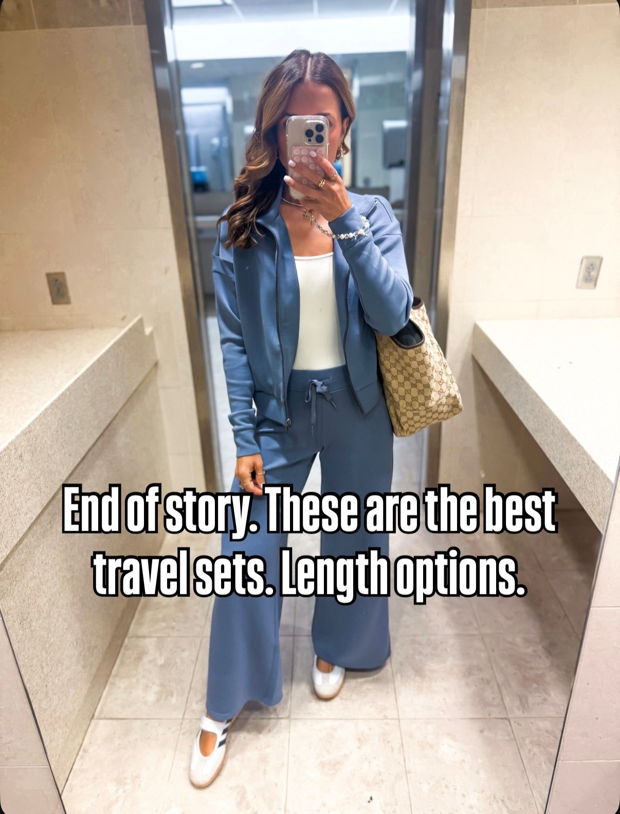 My travel must haves! My travel essentials. Spanx air essentials matching sets. I do XS petite in the pants and XS in tops/jackets! Adidas samba Jane run a little bit big but I did not size down because you can tighten strap. My travel outfit of the day. Airport outfit. Gucci Mercato tote in size large.

#LTKootd #LTKgrwm #LTKTravel