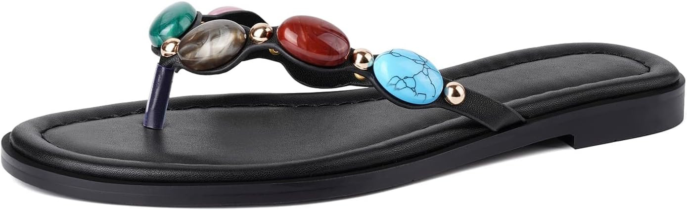 Jeweled Thong Flip Flops for Women Open Round Toe Flat Sandals Summer Beach Casual Slippers | Amazon (US)