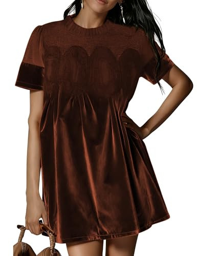 Freyhem Womens Velvet Lace A-Line Overall Casual Pleated Swing Babydoll Wedding Skirtall Scallop Neck Flared Mini Dress(Brown-XL) | Amazon (US)