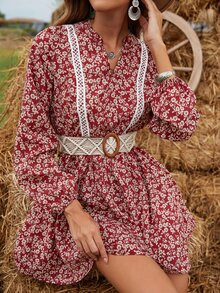 Floral Print Guipure Lace Insert Lantern Sleeve Dress | SHEIN