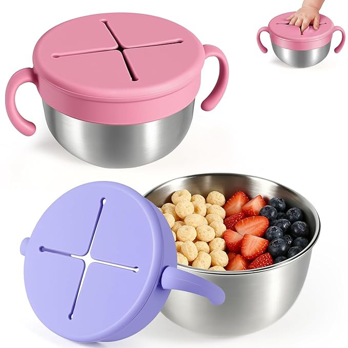 Snack Cups, 2 Pack Stainless Steel Toddler Snack Containers, Spill-Proof Snack Bowls, Silicone Re... | Amazon (US)