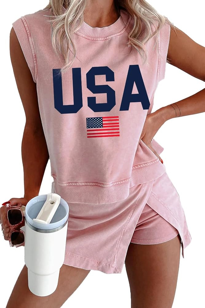 Amazon.com: KevaMolly Womens American Flag Travel Outfits Summer Lounge Set 2 Pieces Mineral Wash... | Amazon (US)
