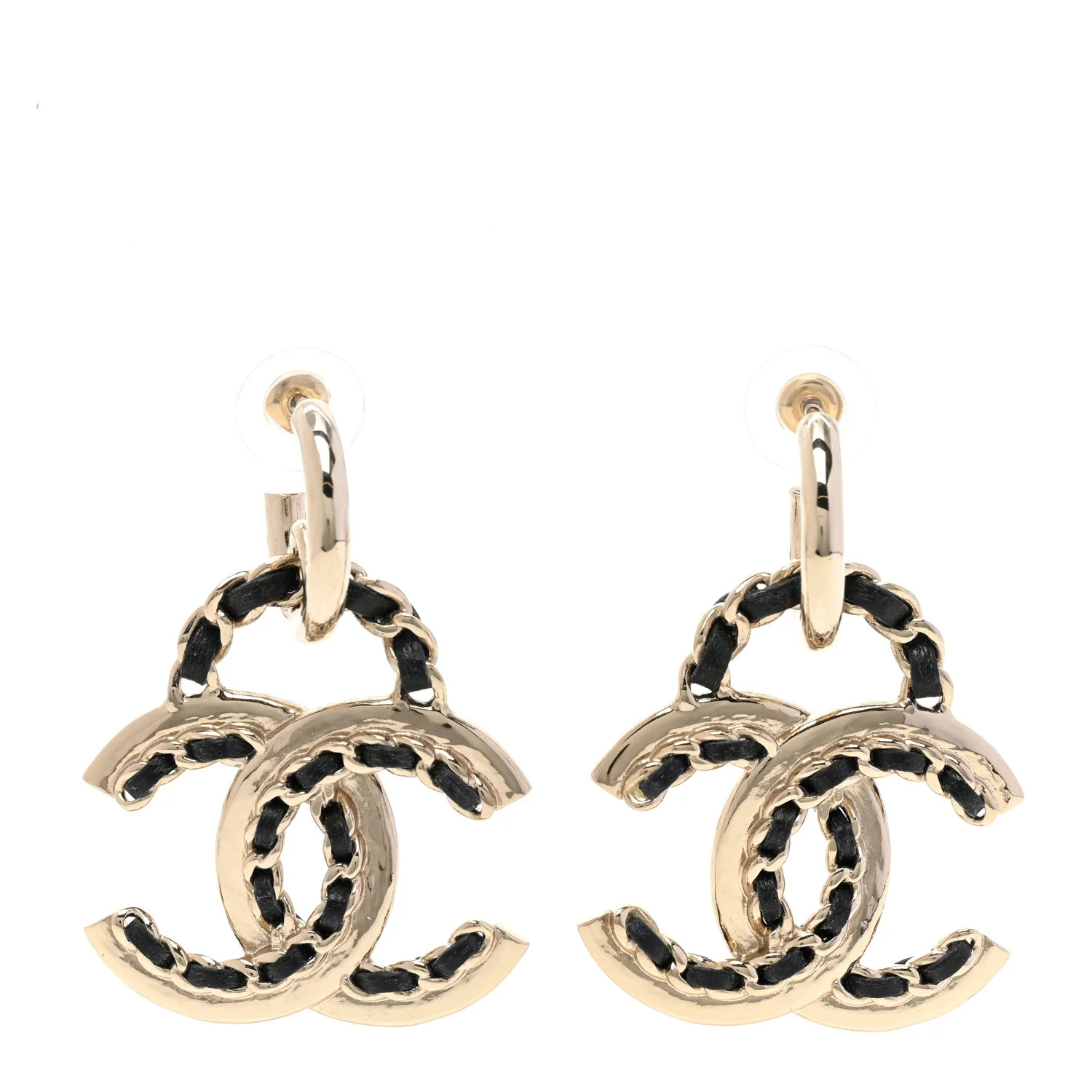 Lambskin Chain CC Drop Earrings Black Gold | FASHIONPHILE (US)