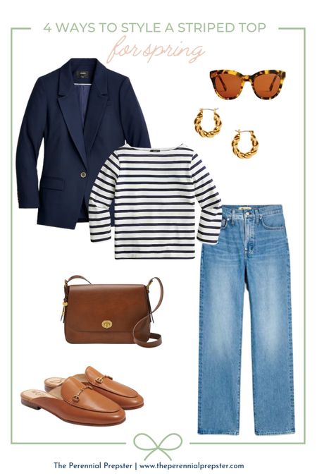 Classic and timeless style outfit idea for spring / brown leather horse bit mules, light jeans, navy blue blazer / timeless style, 90s style, mom style, preppy style 

#LTKstyletip #LTKworkwear #LTKSeasonal