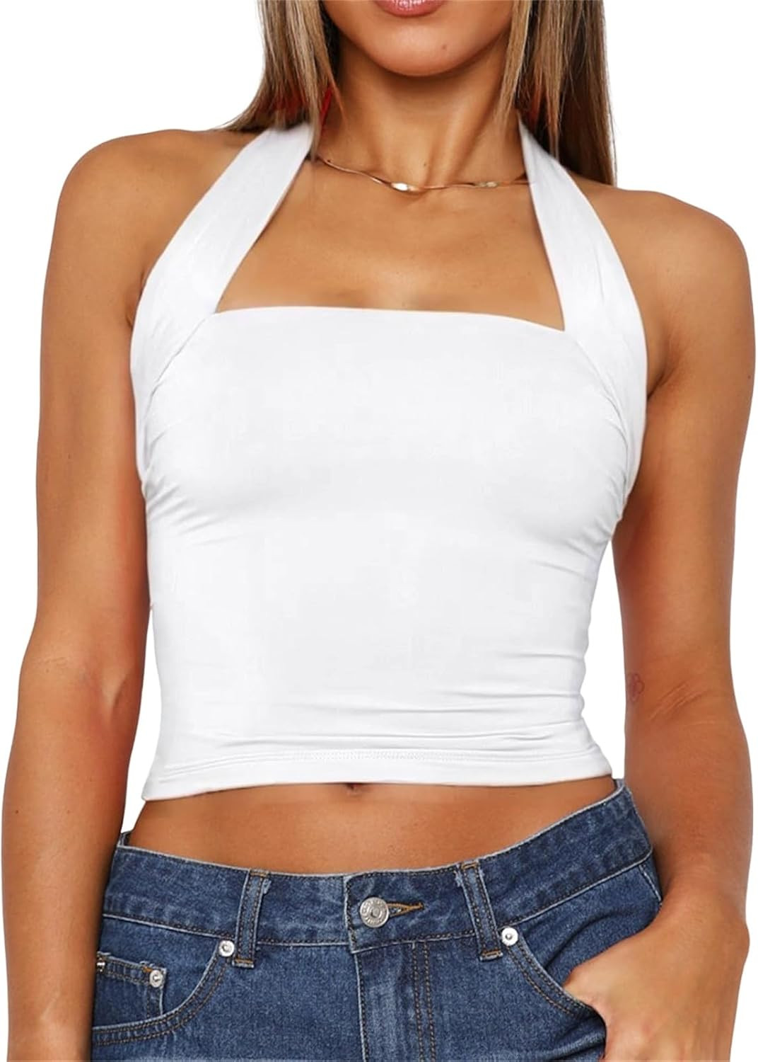 ForeFair Women Halter Neck Backless Crop Top Sexy Y2K Sleeveless Tank Top Open Back Slim Fit Tops | Amazon (US)