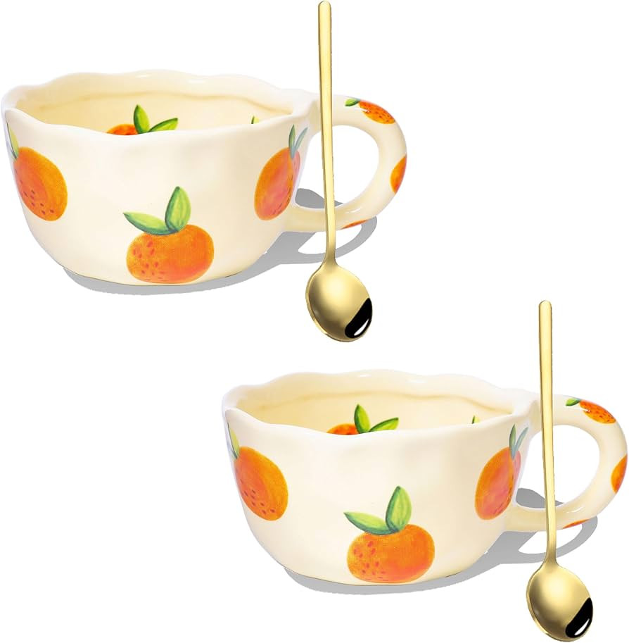 2 pcs Ceramic Coffee Mug 8.5oz Cute Floral Coffee Mug Retro Floral Cup with Handle Spoon Irregula... | Amazon (US)
