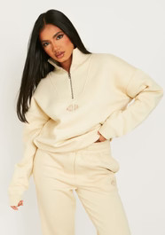 Kadie Cream Missy Girl Embroidered Half Zip Sweatshirt | Missy Empire (UK)