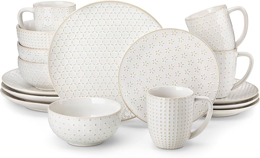 MALACASA 16 Pieces Dinnerware Sets, Modern Relief Design Plates and Bowls Sets, White Dish Set fo... | Amazon (US)