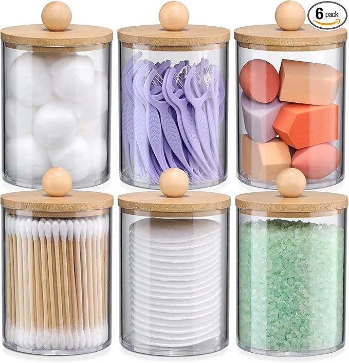 6-Pack Bamboo Qtip Holders - Bathroom Storage for Cotton Balls, Swabs, Pads, Floss | Amazon (US)