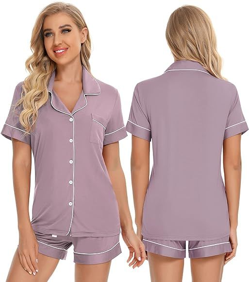 ESHEF Womens Pajama Sets, Two-piece Short Sleeve and Pant Sleepwear Loungewear, Button Down Pajam... | Amazon (US)