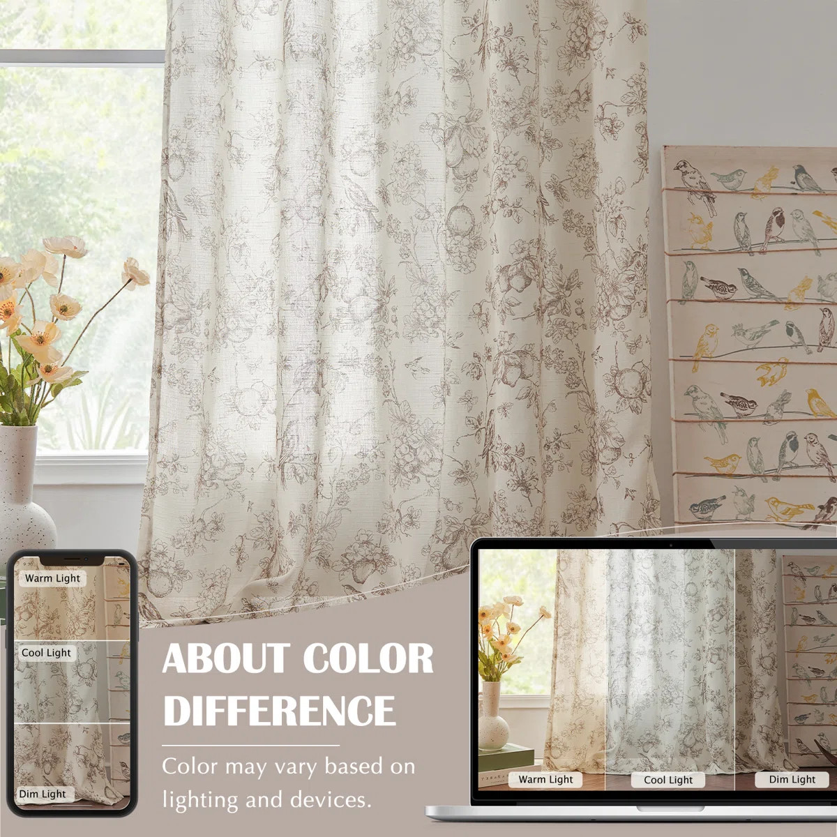 Linen Blend Farmhouse Floral Curtains Semi Sheer French Country Curtain Panels (Set of 2) | Wayfair North America