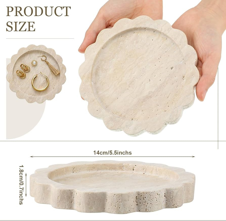 Amazon.com: Threehoney 5.5 Inch Small Travertine Scallop Edge Stone Tray Marble Jewelry Dish Trinket Tray for Women, Perfume, Coffee Table(Round) : Clothing, Shoes & Jewelry | Amazon (US)
