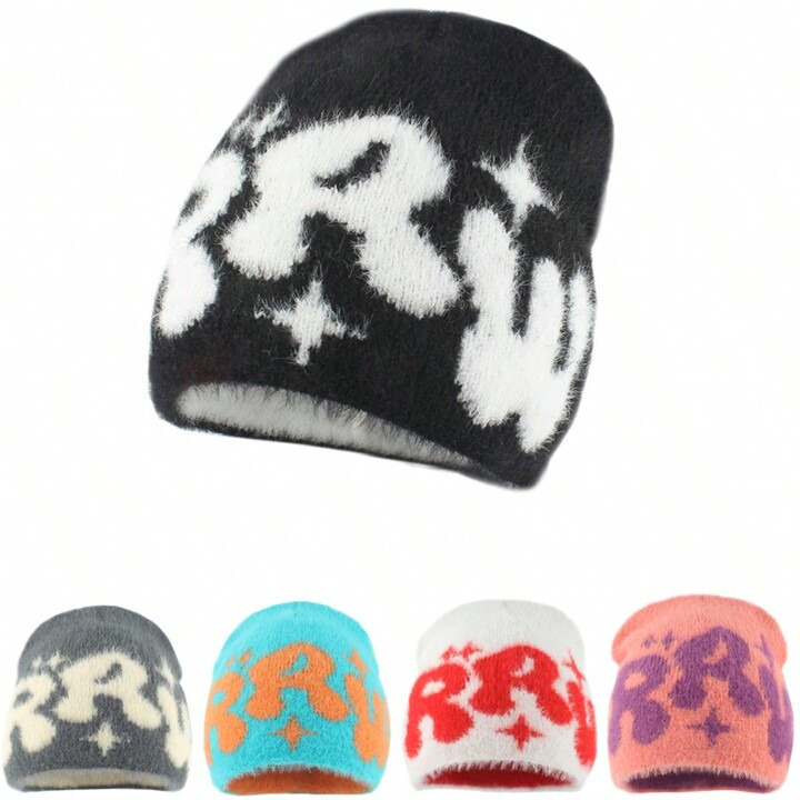 2024 New Autumn/Winter Fluffy Knit Beanie Hat For Women, Streetwear Lettering Jacquard Warm Windp... | SHEIN
