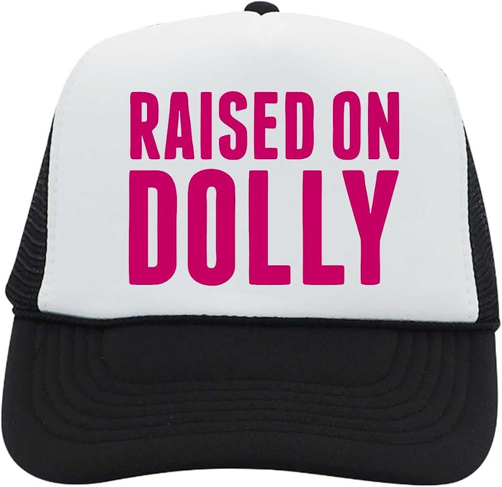 Raised on Dolly Custom Trucker Hat, Black and White with Pink Text | Amazon (US)