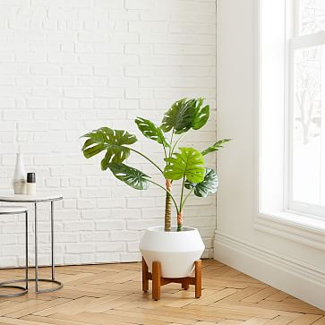 Faux Monstera Plant & Ilya Turned Wood Planter Set | West Elm (US)