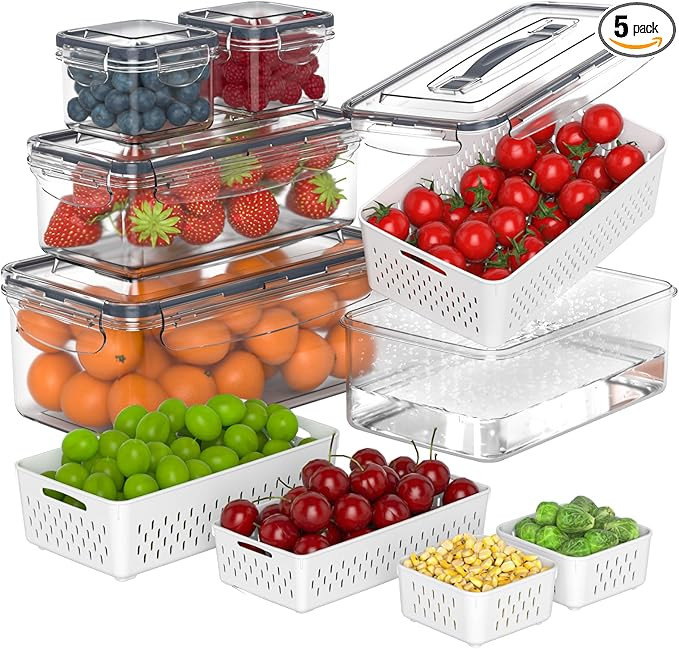 5 Pcs Fruit Storage Containers For Fridge with Removable Colander and Handle Lid, Refrigerator Or... | Amazon (US)