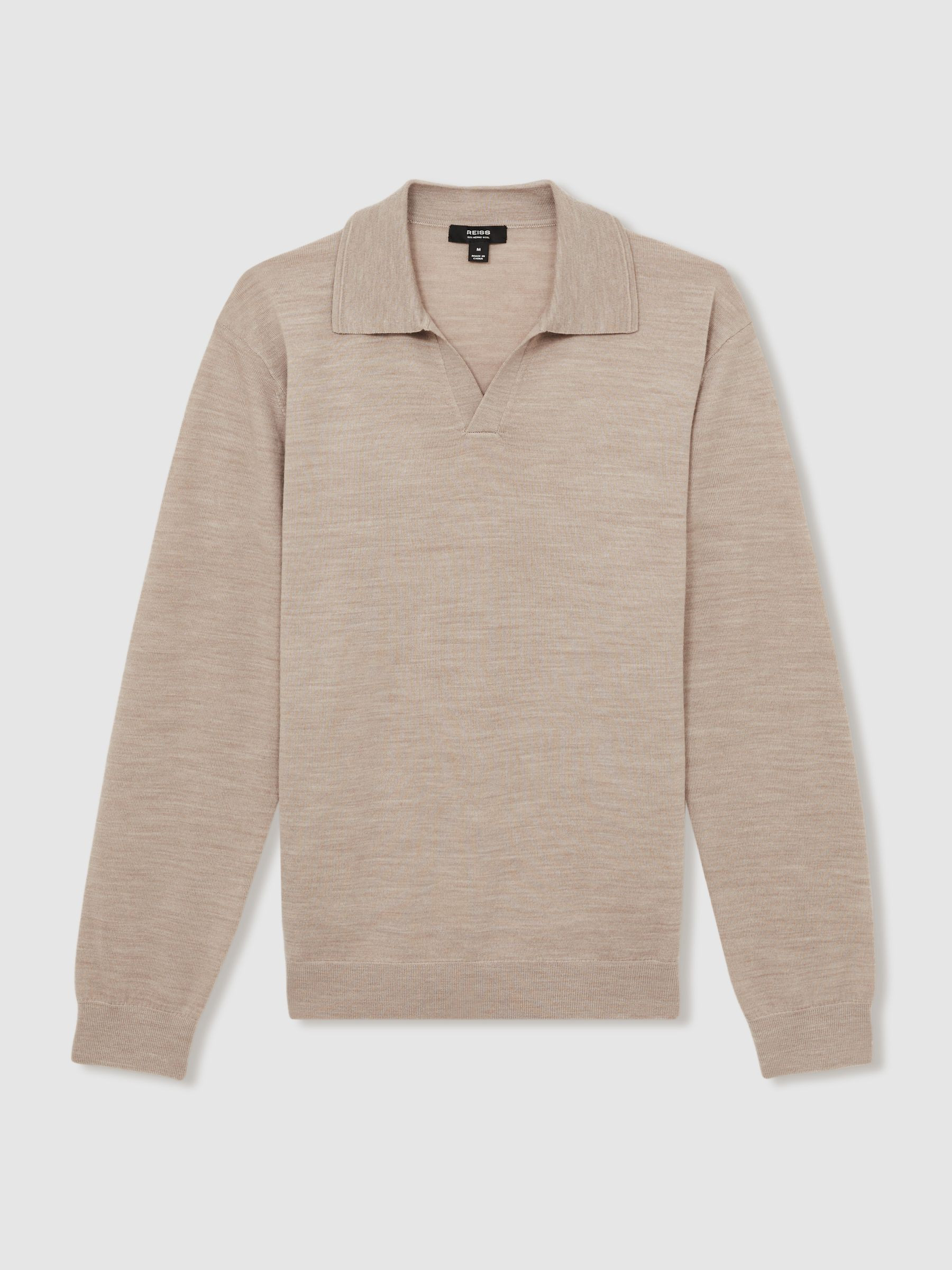 Merino Wool Half-Zip Polo Shirt in Wheat Melange | Reiss UK