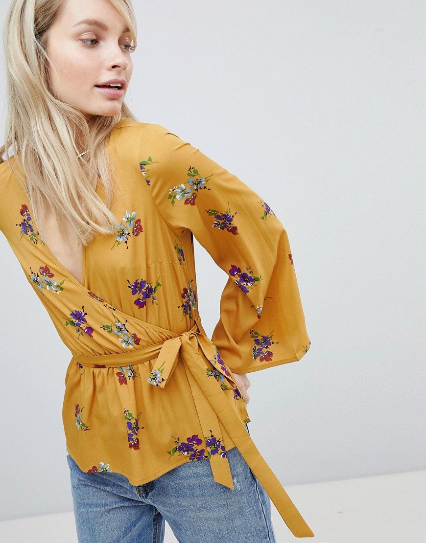 Wednesday's Girl Wrap Blouse With Waist Tie In Floral Bunch Print - Yellow | ASOS US