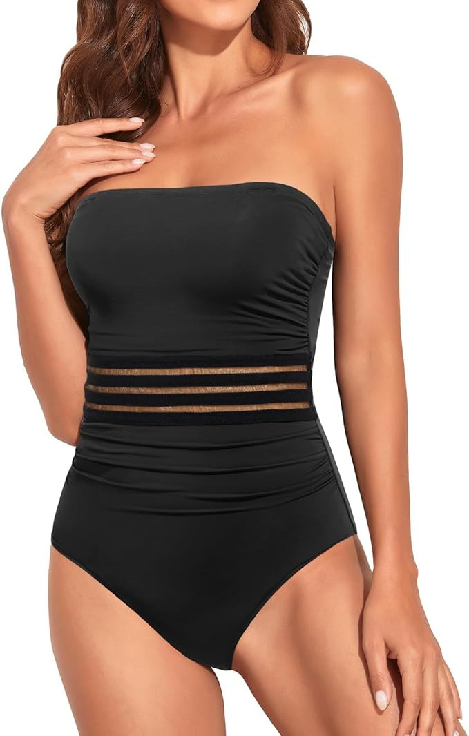 Holipick Women Tummy Control One Piece Swimsuits Strapless Bandeau Bathing Suits Slimming Halter ... | Amazon (US)