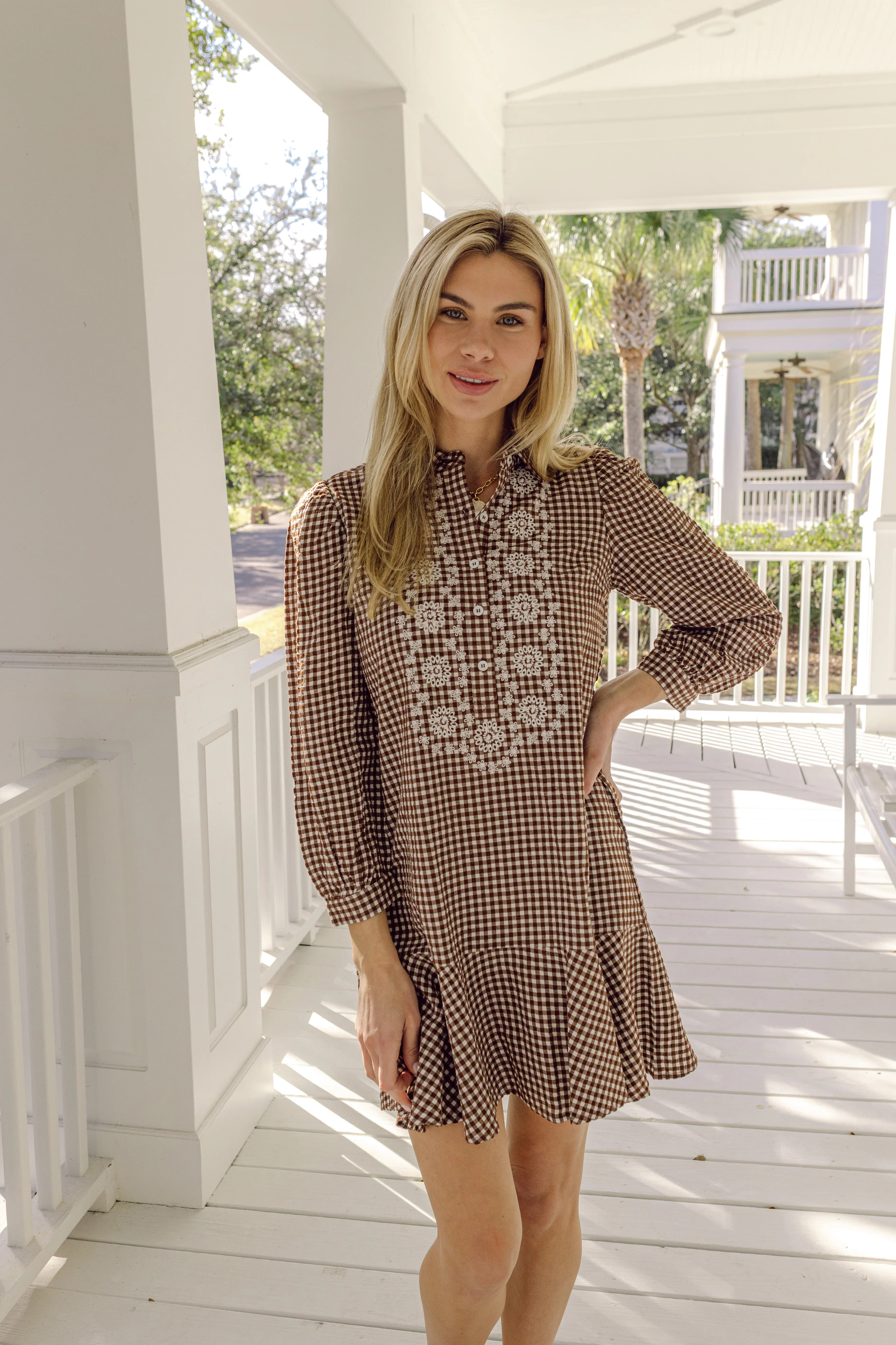 Brown & White Gingham Embroidered Ruffle Hem Shirt Dress | Sail to Sable