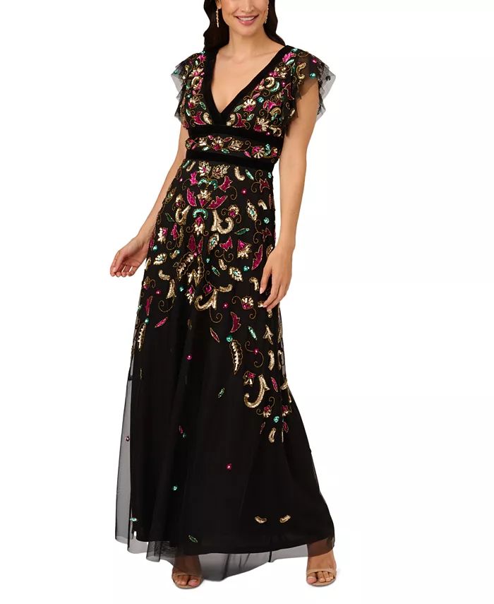 Adrianna Papell Women's Beaded Velvet-Trimmed Gown - Macy's | Macys (US)