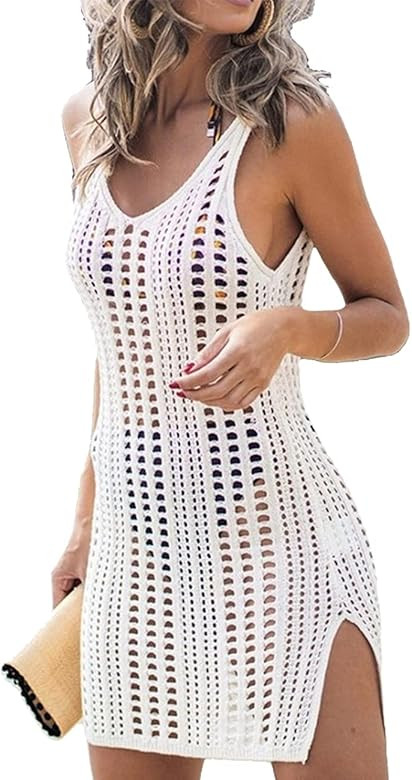 QIUYEJUO Women's Beach Crochet Bikini Swimsuit Cover Up Sexy Bathing Suit Swimwear Tank Top Dress... | Amazon (US)