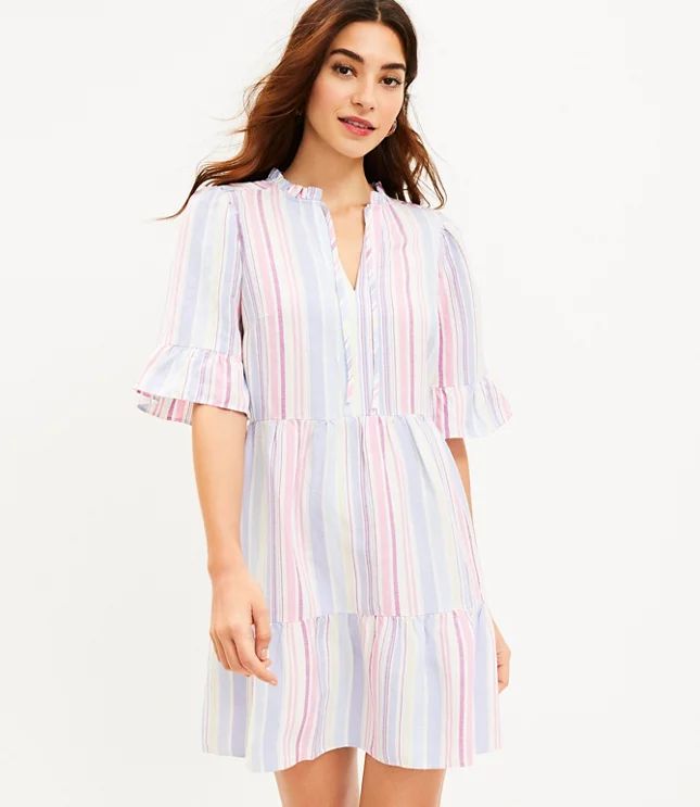 Striped Ruffle Tie Neck Tiered Swing Dress | LOFT