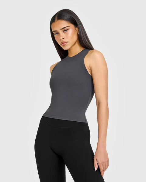 SoftMotion™ High Neck Mid Tank Top with White Logo 
 Coal | Oner Active (UK / US)