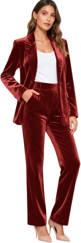 Women's Velvet Pant Suits 2 Piece Set Fashion Business Casual Office Wedding Blazer Suit | Amazon (US)