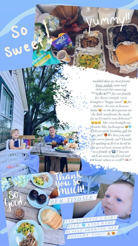 Andddd then my best friend @em_tisdale came and delivered this amazing ***SpReAd*** for our family for dinner tonight (even brought a “happy meal” 😊 for Judson - he was in heaven haha 🤩) as the first person on the little mealtrain she made for us 🍽️ and it was delicious!! 🤤🤤🤤  She even brought my favorite blue hydrangeas 🥹🩵 AND an early birthday gift for me, too!! 🎁 We love you and your sweet family, em!! Thanks for making us feel so loved in this special new season of lives as a family of 4️⃣!!! You are such an amazing friend and celebrate others so well!!! 🫶🏽🤍

#LTKFamily #LTKBaby #LTKHome