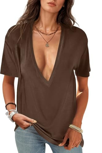 UNCLECAT Womens Deep V-Neck T Shirts Sexy Short Sleeve Tops Summer Oversized Tee | Amazon (US)