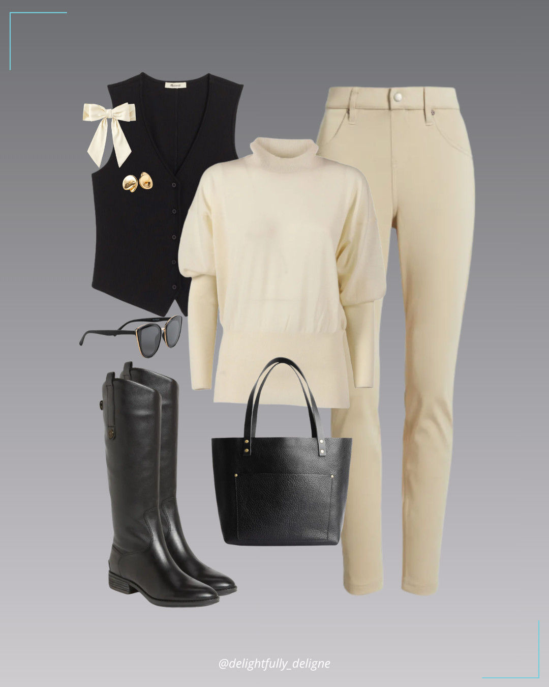Equestrian Layers 🤍 Puff-sleeve turtleneck sweater, rib V-neck vest, ultrasoft denim leggings, penny boots, leather tote, cat-eye sunnies, button earrings & satin bow hair clip. 

 #LTKOver40 #LTKStyleTip #LTKWorkwear