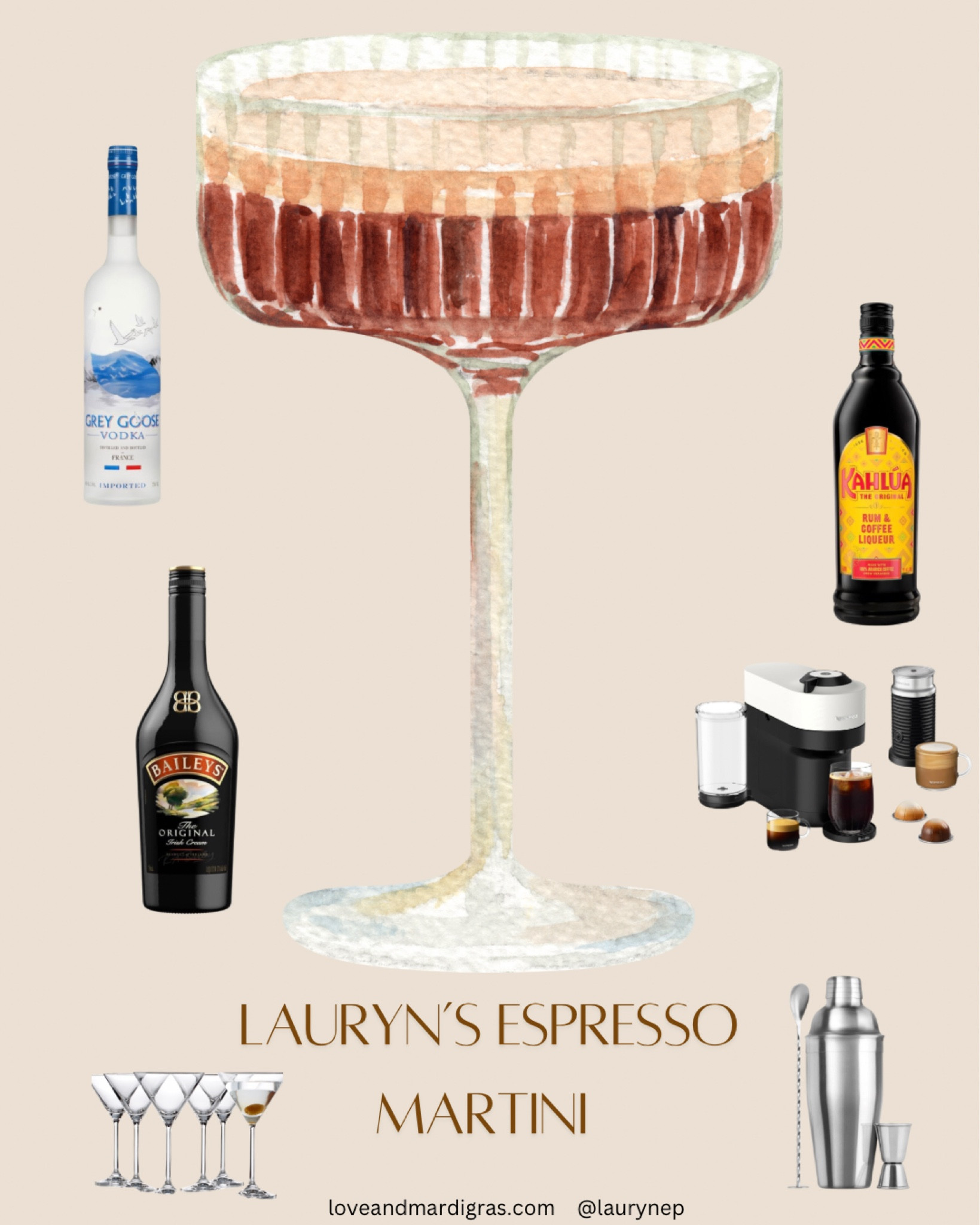 Lauryn’s Espresso martini

1 shot of vodka 
1 shot Kahlua 
1 shot of baileys
1 espresso shot

Combine ingredients in a shaker with ice, pour in an espresso glass.


#LTKHoliday #LTKHome