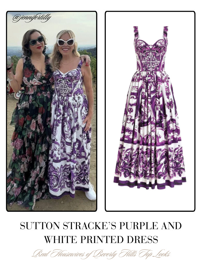 Sutton Stracke's Purple and White Printed Dress 📸= @jennifertilly 

 