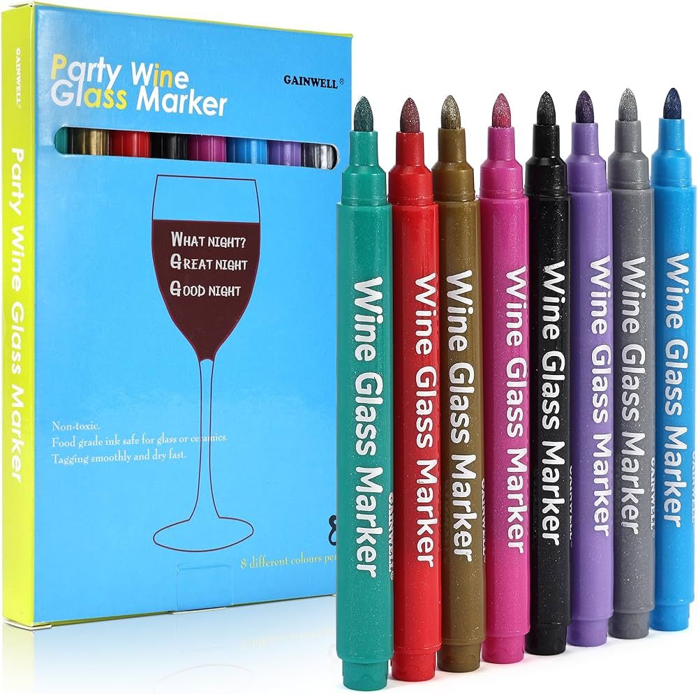 GAINWELL Wine Glass Markers – Pack of 8 Food-Safe Non-Toxic Wine Glass Marker Pens - Can also b... | Amazon (US)