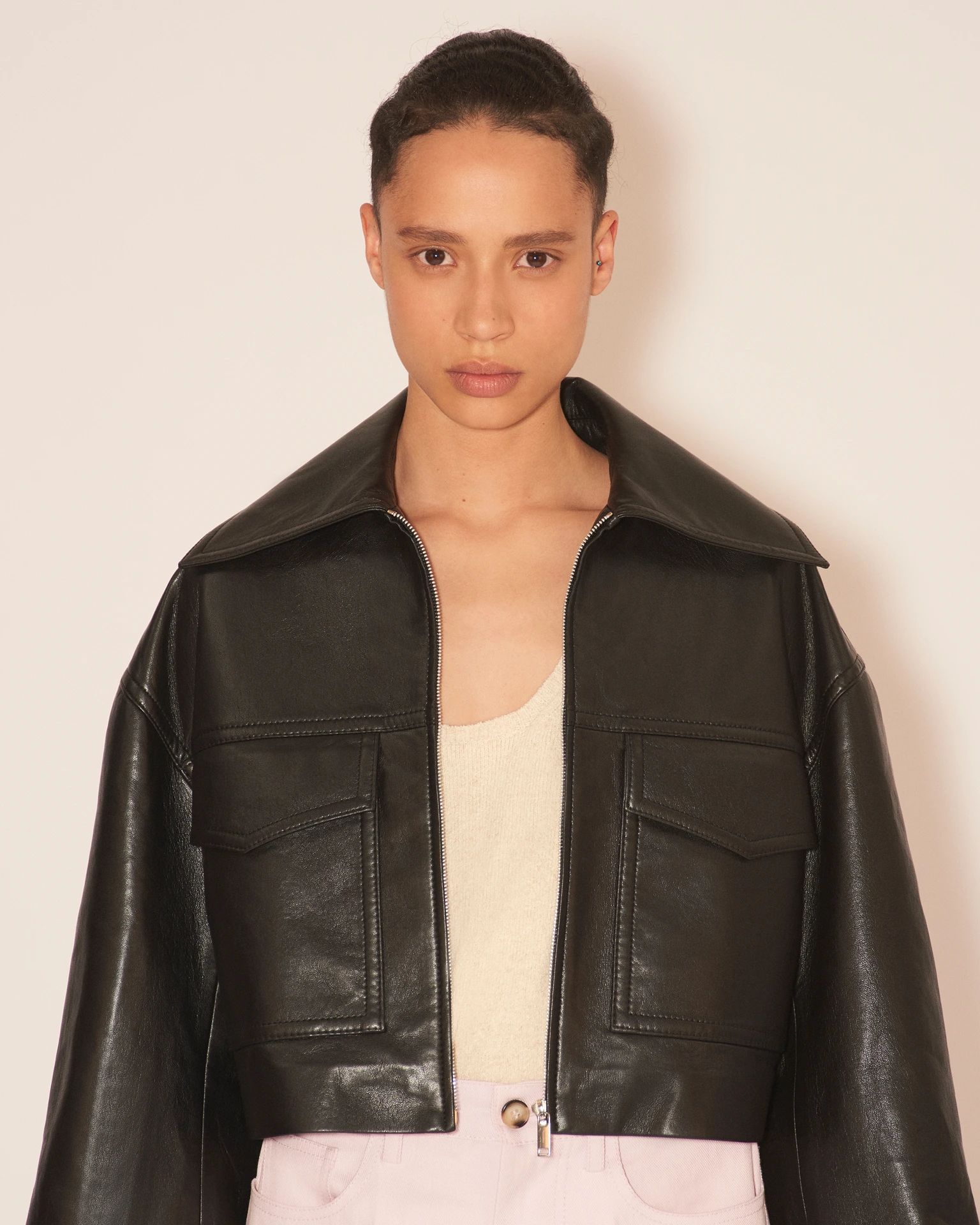 SAPIR - Slim regenerated leather boxy cropped jacket - Black - Nanushka | Nanushka
