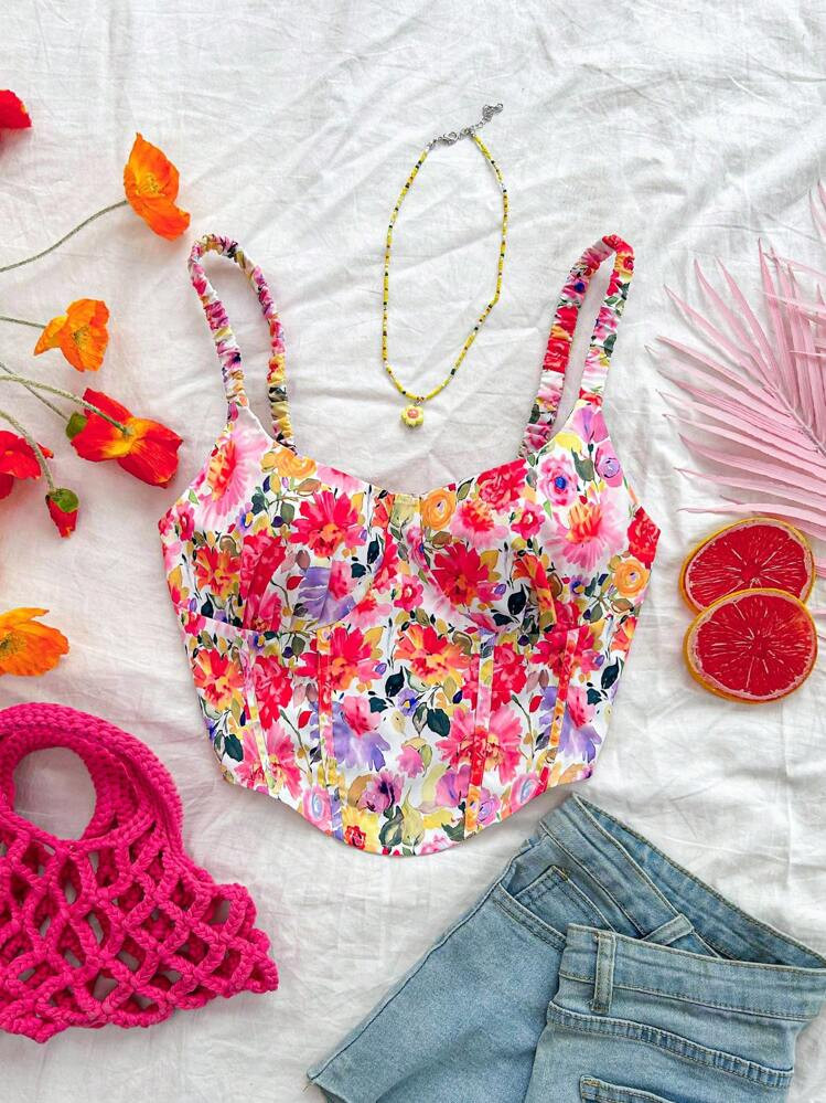 Soleia Women's Vacation Floral Print V-Neck Cami Tank Top | SHEIN