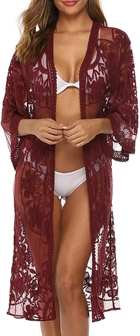 Romanstii Women's Lace Cardigan Floral Crochet Sheer Beach Cover Ups Long Kimono | Amazon (US)