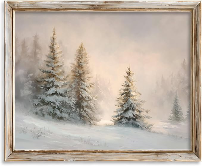 Winter Pine Trees Wall Art Print, Snowy Forest Sunrise Landscape Painting, Rustic Farmhouse Chris... | Amazon (US)
