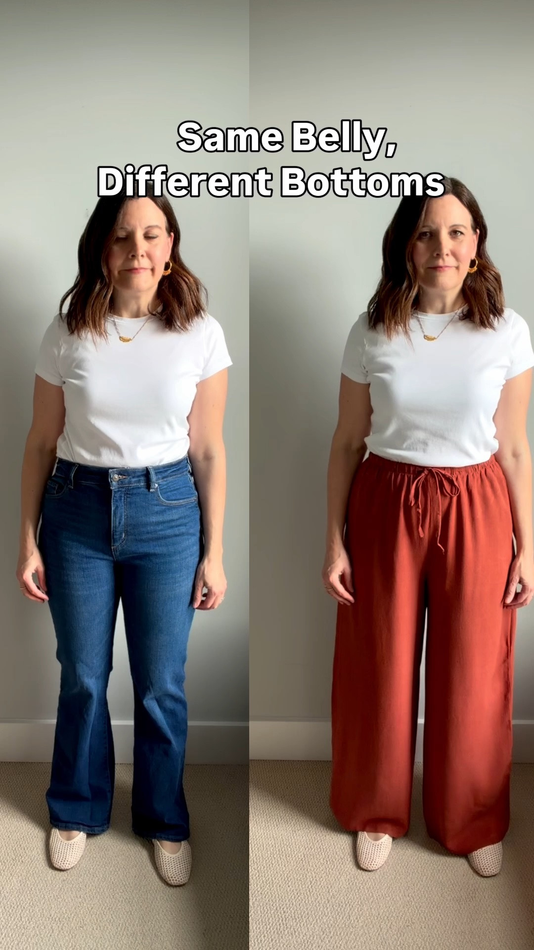 The palazzo pants shown here are the same style that made it into my summer capsule wardrobe for soft bellies, but in that post I showed the blue pair. I loved them so much that I picked them up in brown too, and this side by side shows exactly why.

The jeans on the left are high waisted and highlight the dome of my belly. I would never wear a fitted t-shirt tucked into them.

For the palazzo pants on the right, the waistband sits above my belly button at a narrow part of my waist, and the drape of the fabric smooths my midsection. 

If all you want to do in the summer is throw on a tee, add some bottoms, and head out the door, these are the kind of pants worth having in your closet for an easy, comfortable outfit that still feels put together.

Fit notes: I sized up to a large. I originally ordered a medium, but it felt too snug through the rear. 

They’re a linen cotton blend from Amazon. I wash them on the cold delicate cycle and lay flat to dry. They require minimal ironing, and don’t have back pockets that scrunch, and the fabric is soft, not scratchy. 

Would you wear the jeans or the palazzo pants?

📏For reference, I’m midsized, 5’6”, slightly short-waisted, 36-B bust, and wear a small or medium top with size 10 jeans.

#LTKOver40 #LTKMidsize #LTKSaleAlert