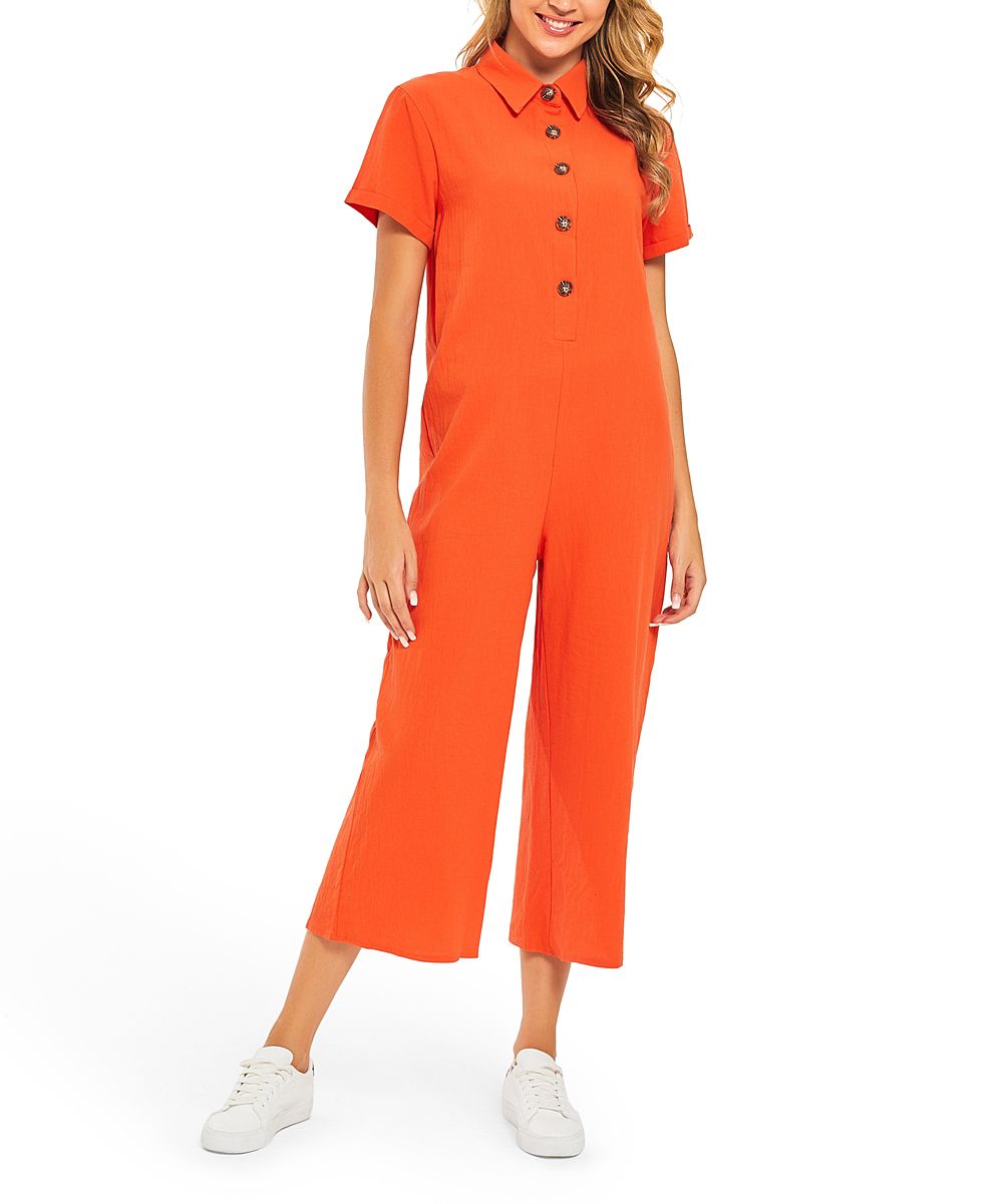 Suvimuga Women's Jumpsuits Orange - Orange Button-Front Cropped Jumpsuit - Women | Zulily
